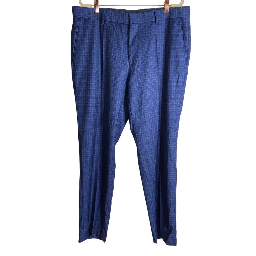 Hugo Boss Suit Pants Slim-Fit 100% Virgin Wool Blue Windowpane Plaid Size 42R US